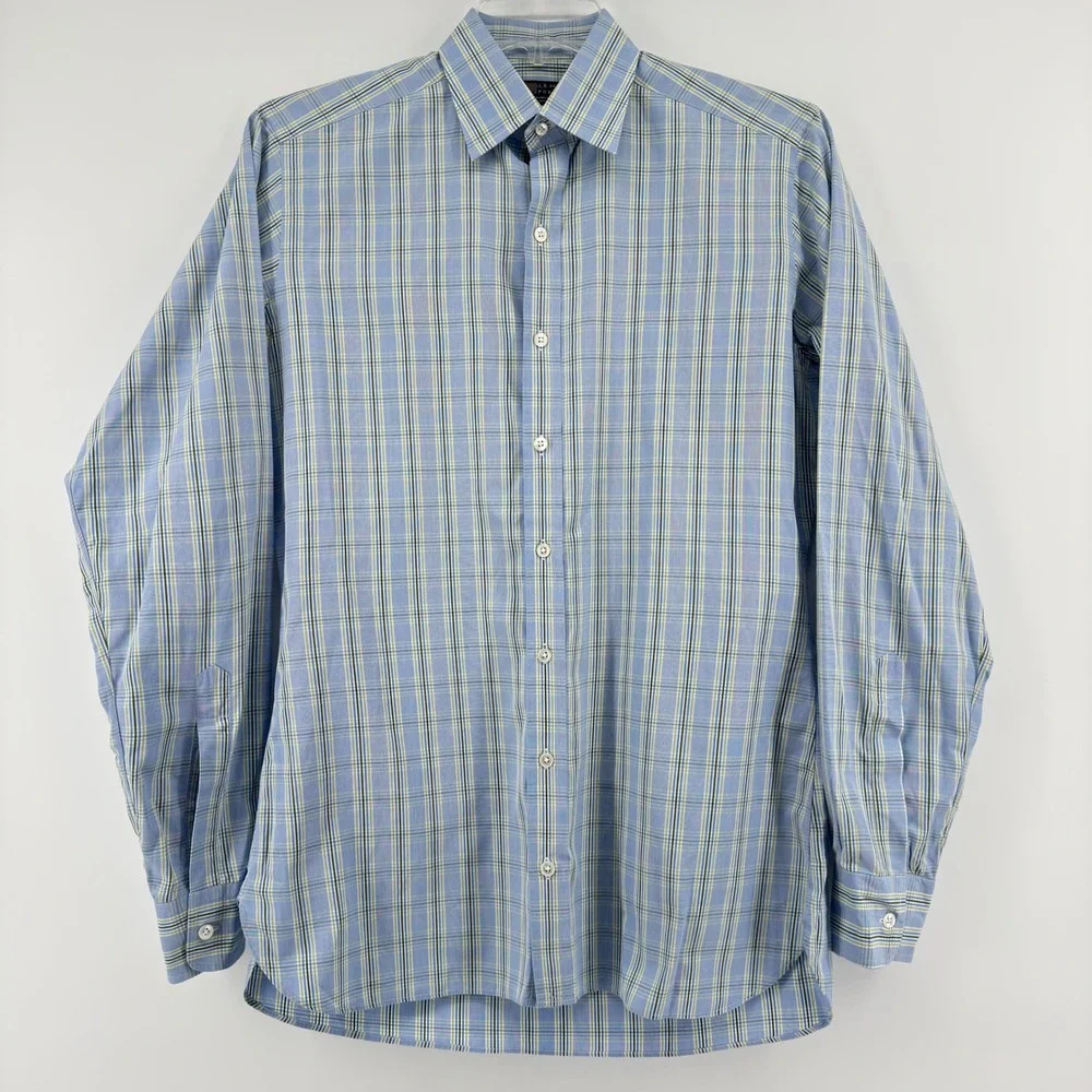 Turnbull Asser Bespoke Mens Blue Green‎ Plaid Dress Shirt Neck 15